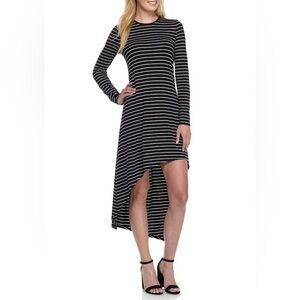 Kaari Blue BlackWhite Stripe Stretch Jersey Knit Hi-Lo Asymmetrical Dress - $99